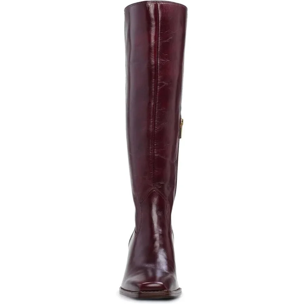 Women Burgundy Polyurethane Knee High Side Zipper Square Toe Block Heel Boots